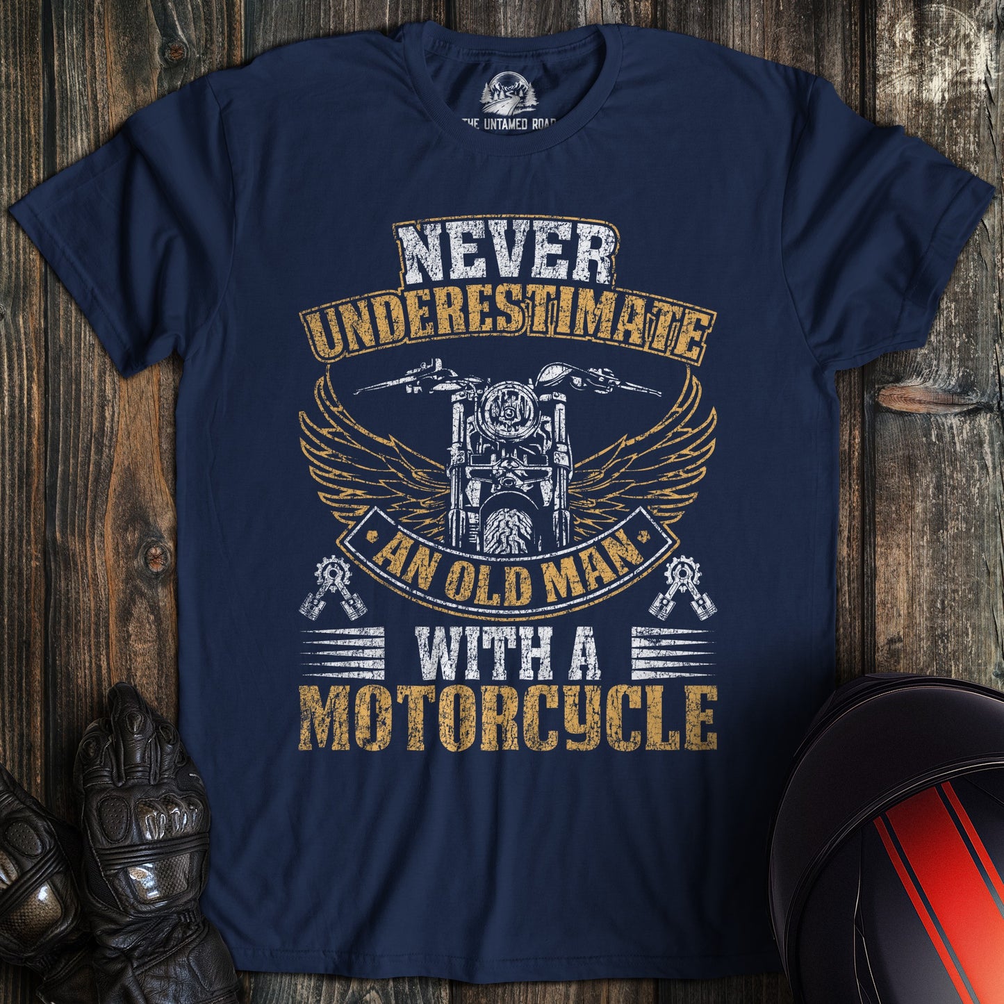A navy colored t-shirt with the words "old man motorcycle distressed" printed on the front.