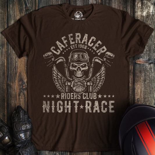 A dark chocolate colored t-shirt with the words "cafe racer club 02" printed on the front.