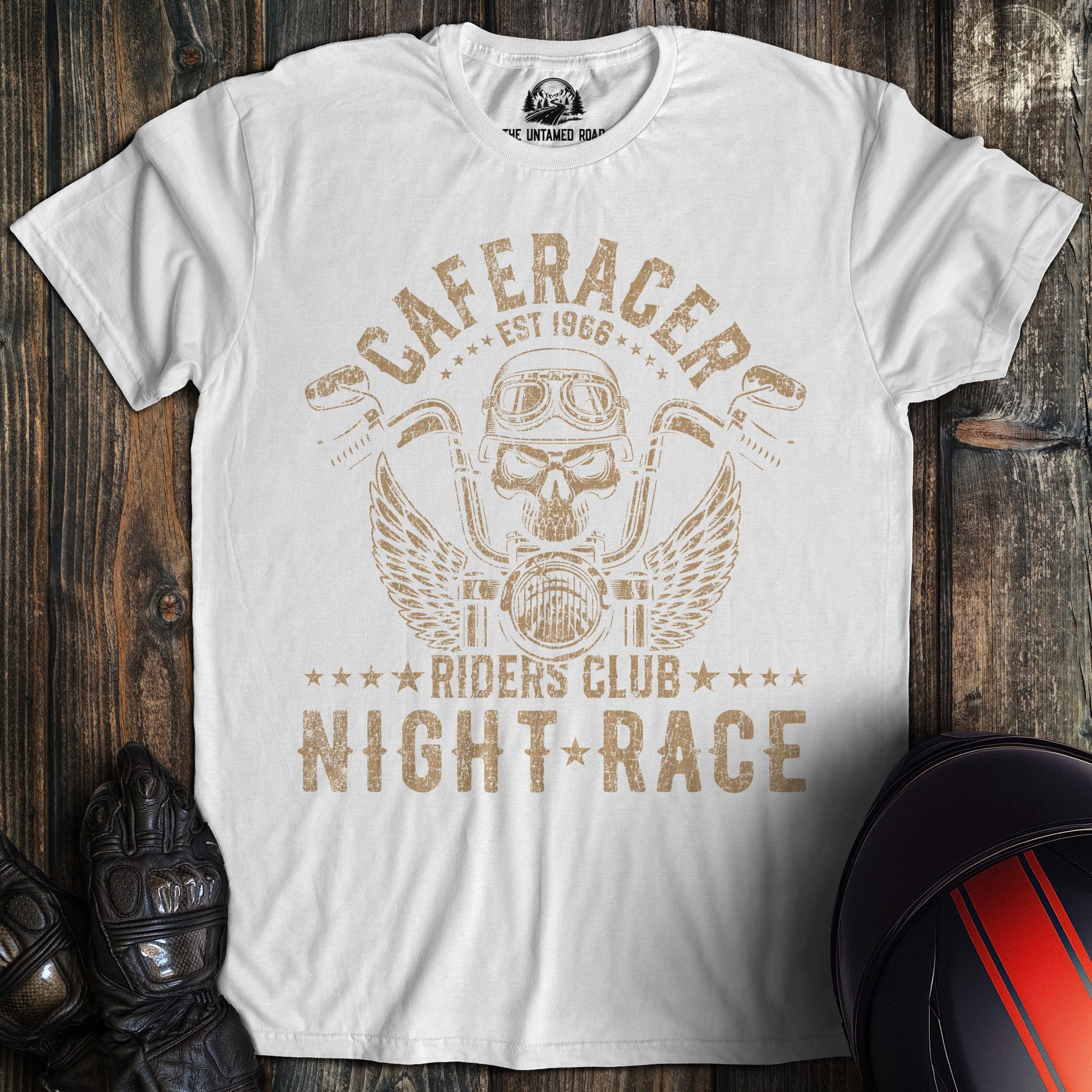 A white colored t-shirt with the words "cafe racer club 02" printed on the front.