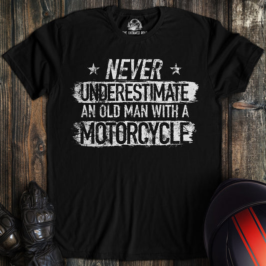 A black colored t-shirt with the words "old man motorcycle" printed on the front.