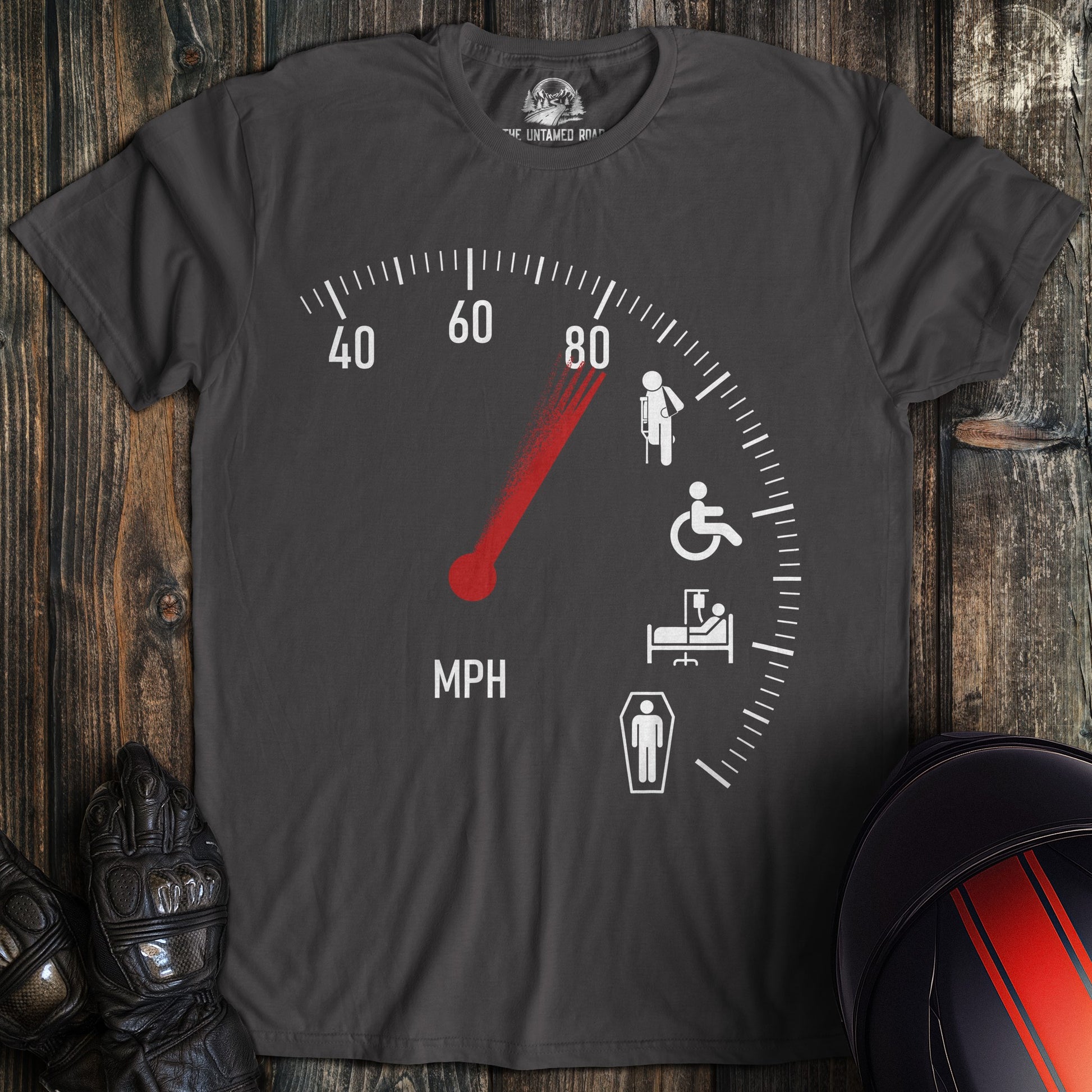 A charcoal colored t-shirt with the words "injury speedometer" printed on the front.