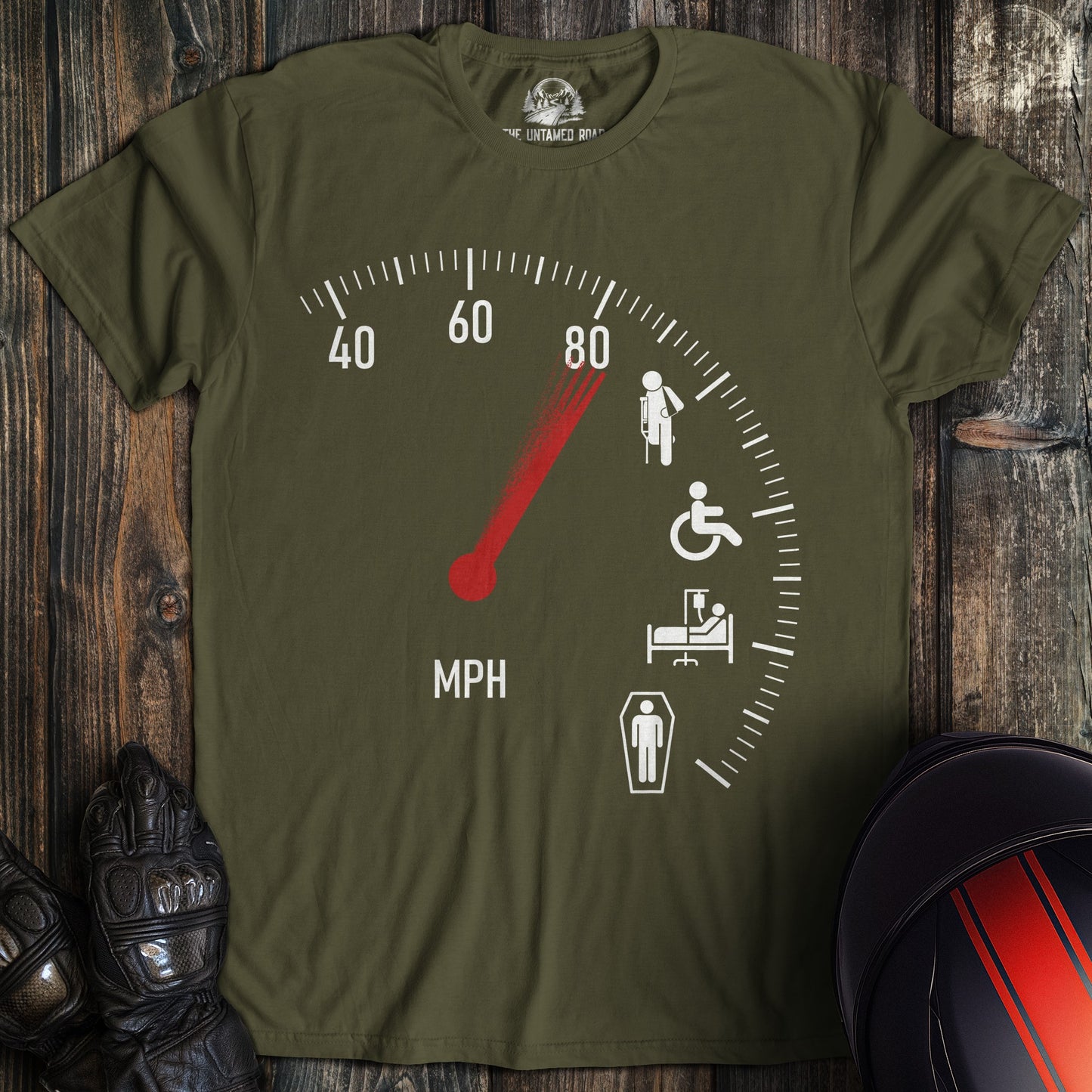 A military green colored t-shirt with the words "injury speedometer" printed on the front.