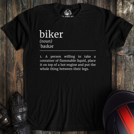 A black colored t-shirt with the words "biker definition" printed on the front.