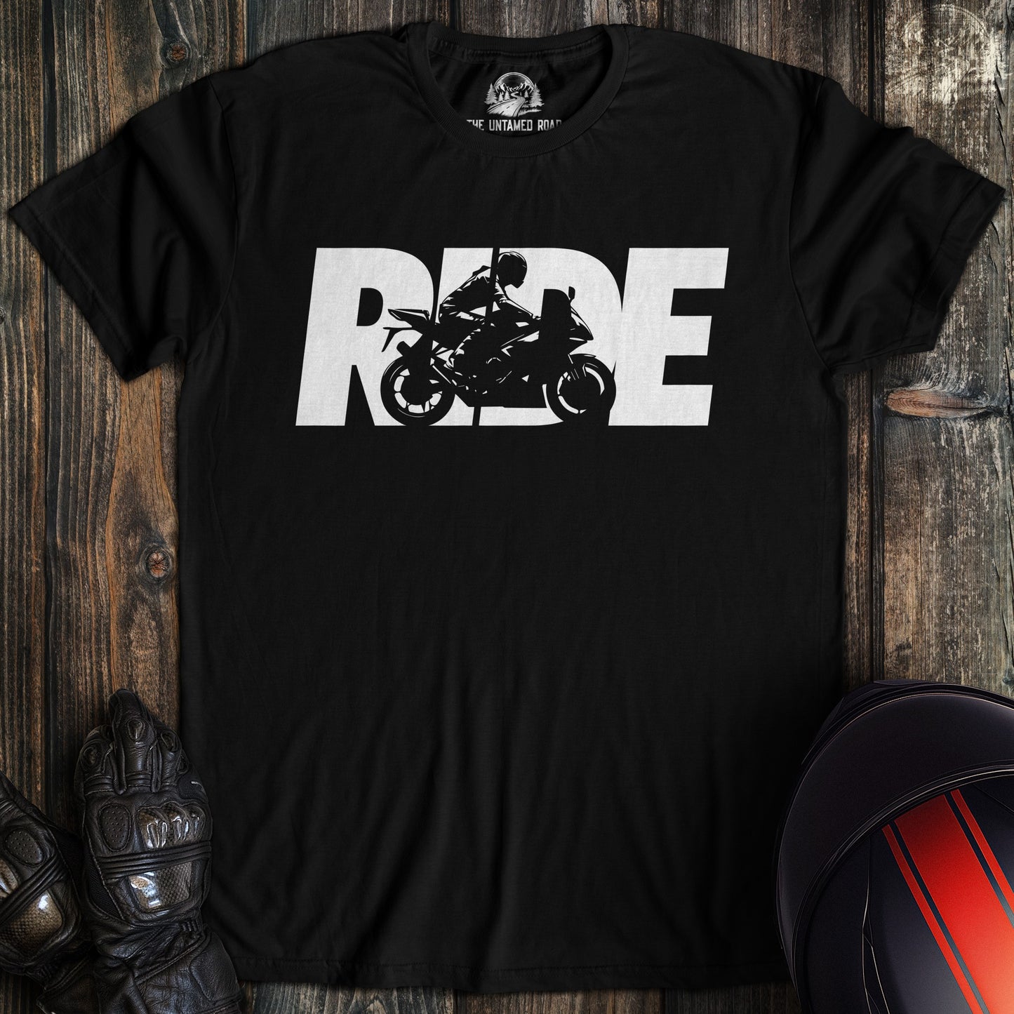 A black colored t-shirt with the words "ride silhouette sportbike" printed on the front.