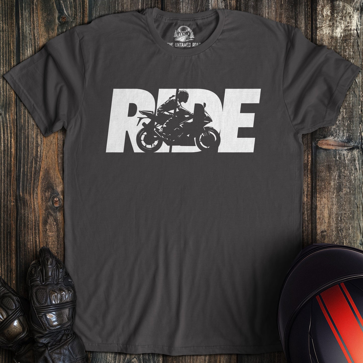 A charcoal colored t-shirt with the words "ride silhouette sportbike" printed on the front.