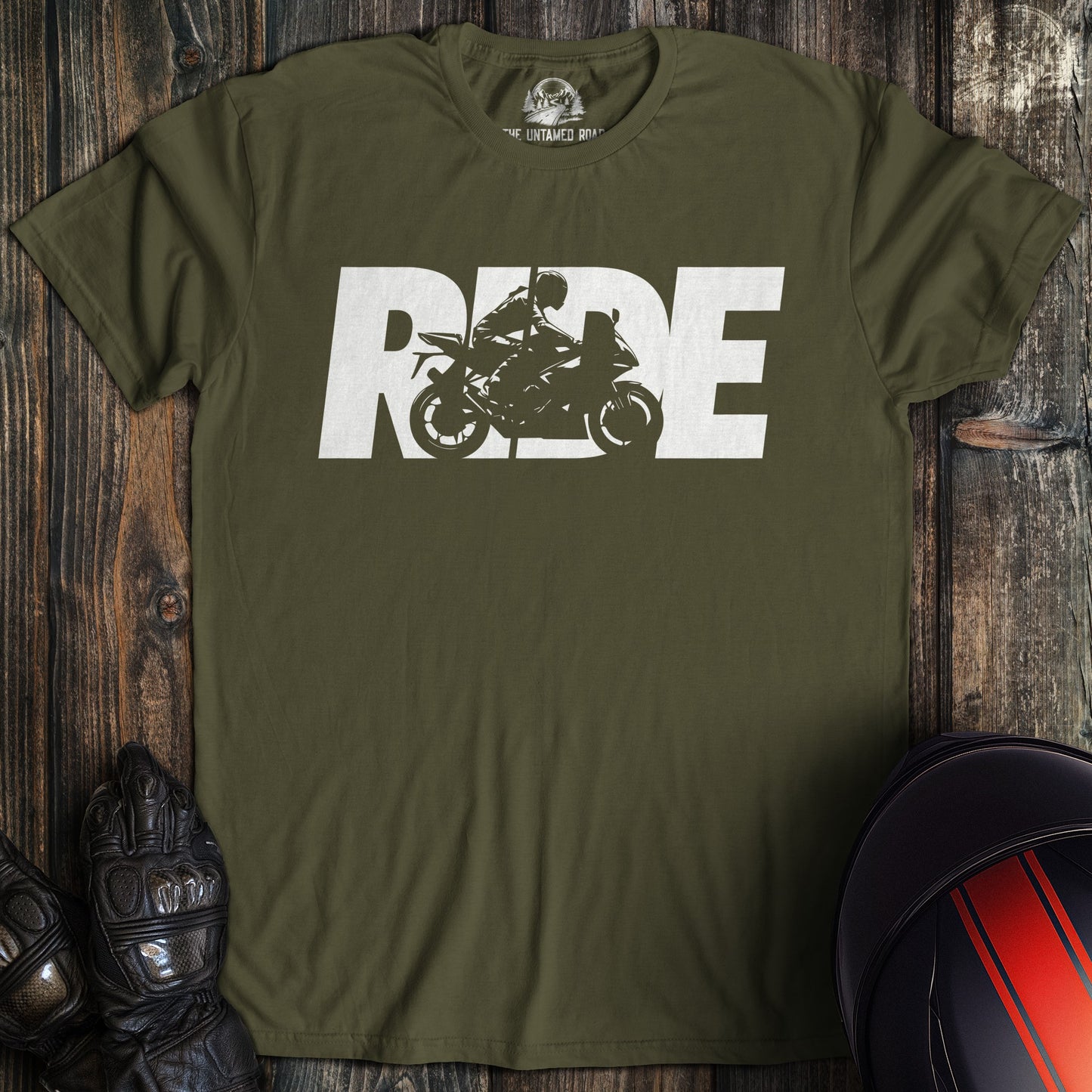 A military green colored t-shirt with the words "ride silhouette sportbike" printed on the front.