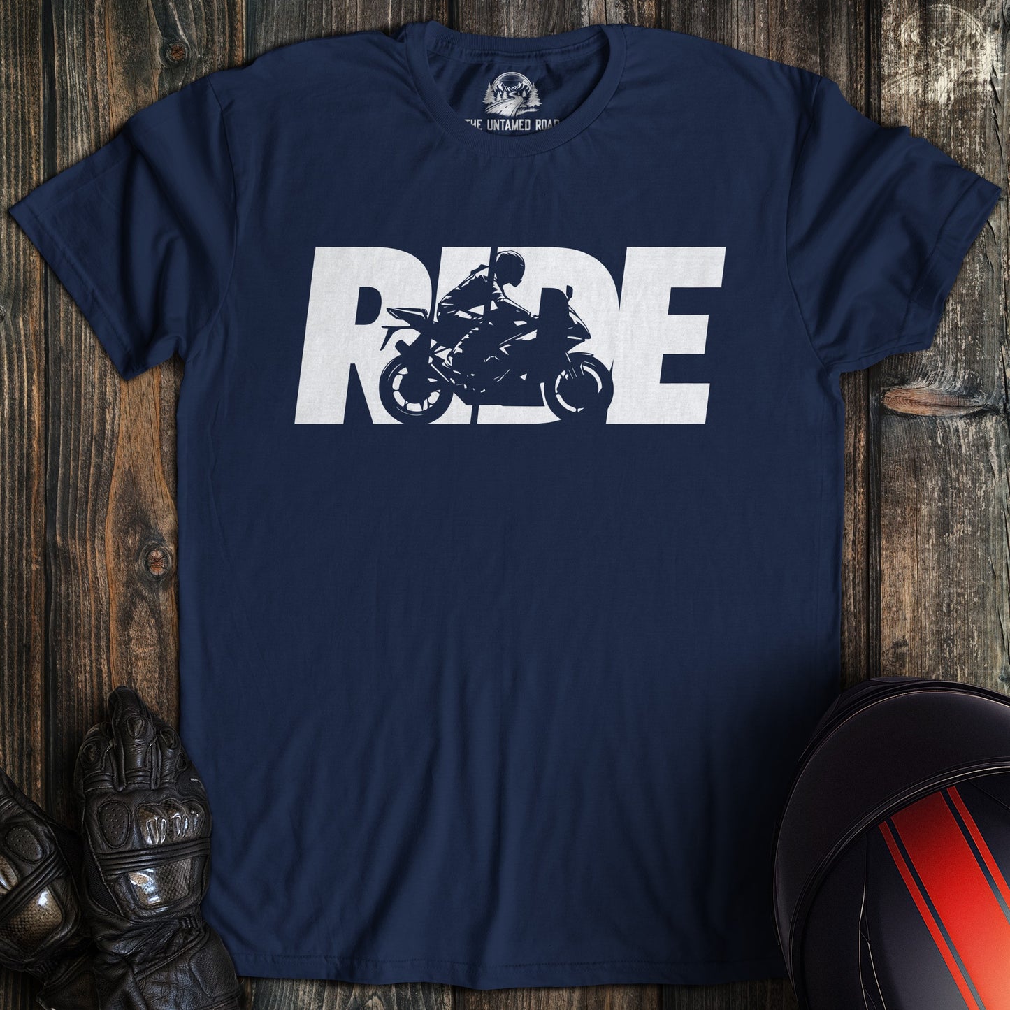 A navy colored t-shirt with the words "ride silhouette sportbike" printed on the front.