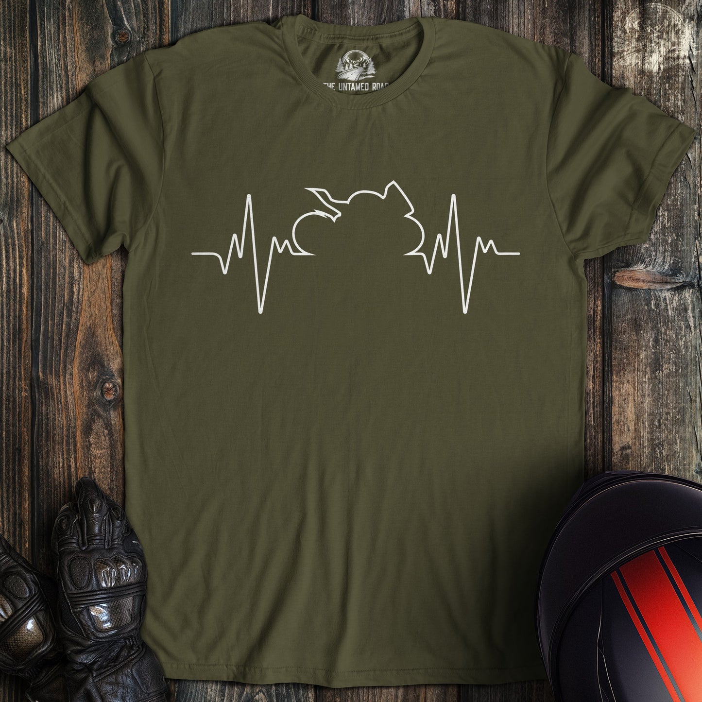 A military green colored t-shirt with the words "sportbike heartbeat" printed on the front.