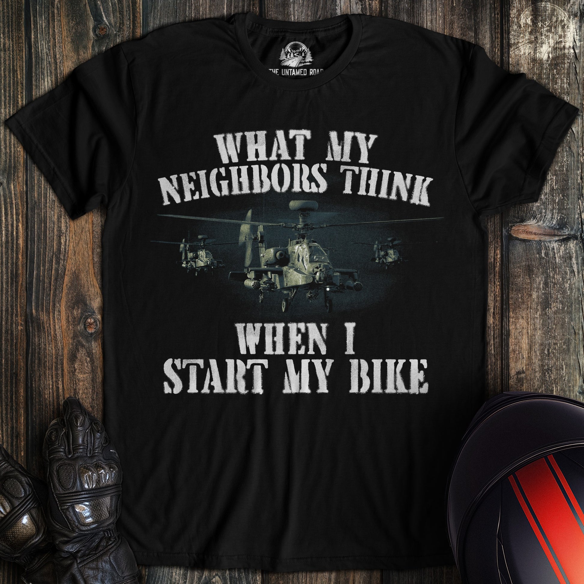 A black colored t-shirt with the words "start my bike apaches" printed on the front.