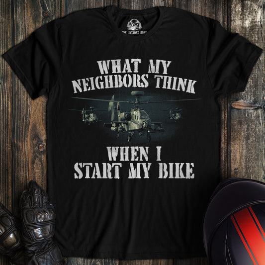 A black colored t-shirt with the words "start my bike apaches" printed on the front.