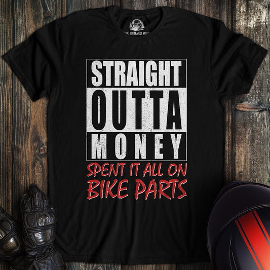 A black colored t-shirt with the words "straight outta money 2" printed on the front.