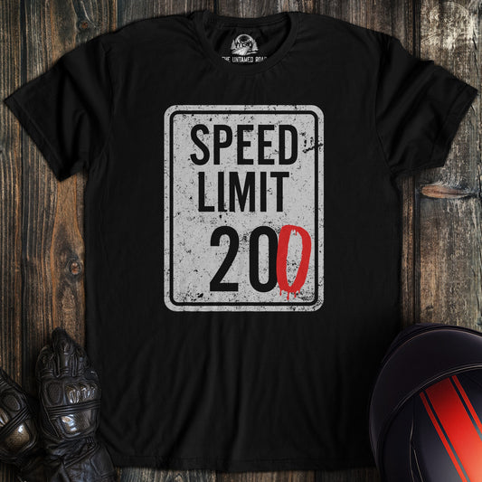 A black colored t-shirt with the words "speed limit" printed on the front.