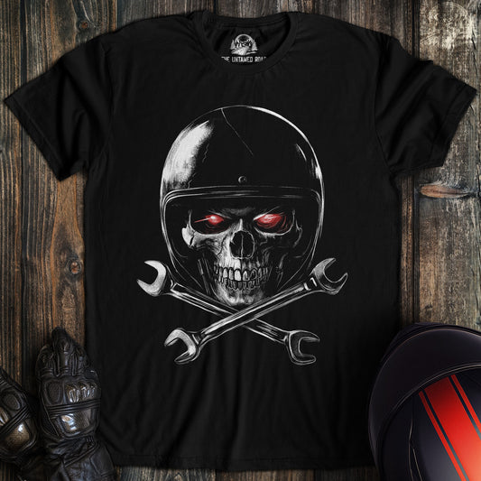 A black colored t-shirt with the words "skull and wrenches 2" printed on the front.
