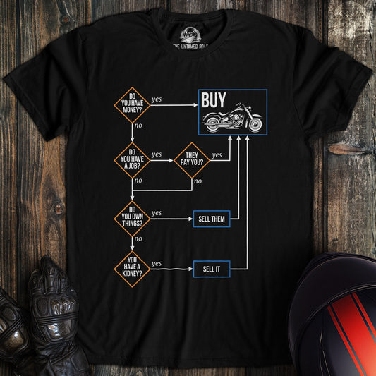 A black colored t-shirt with the words "buy flowchart" printed on the front.