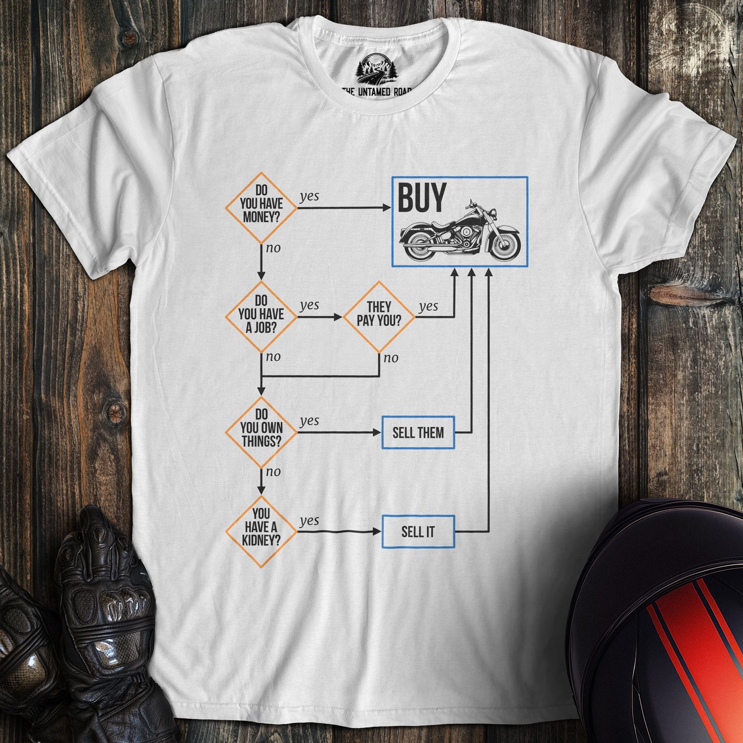 A white colored t-shirt with the words "buy flowchart" printed on the front.