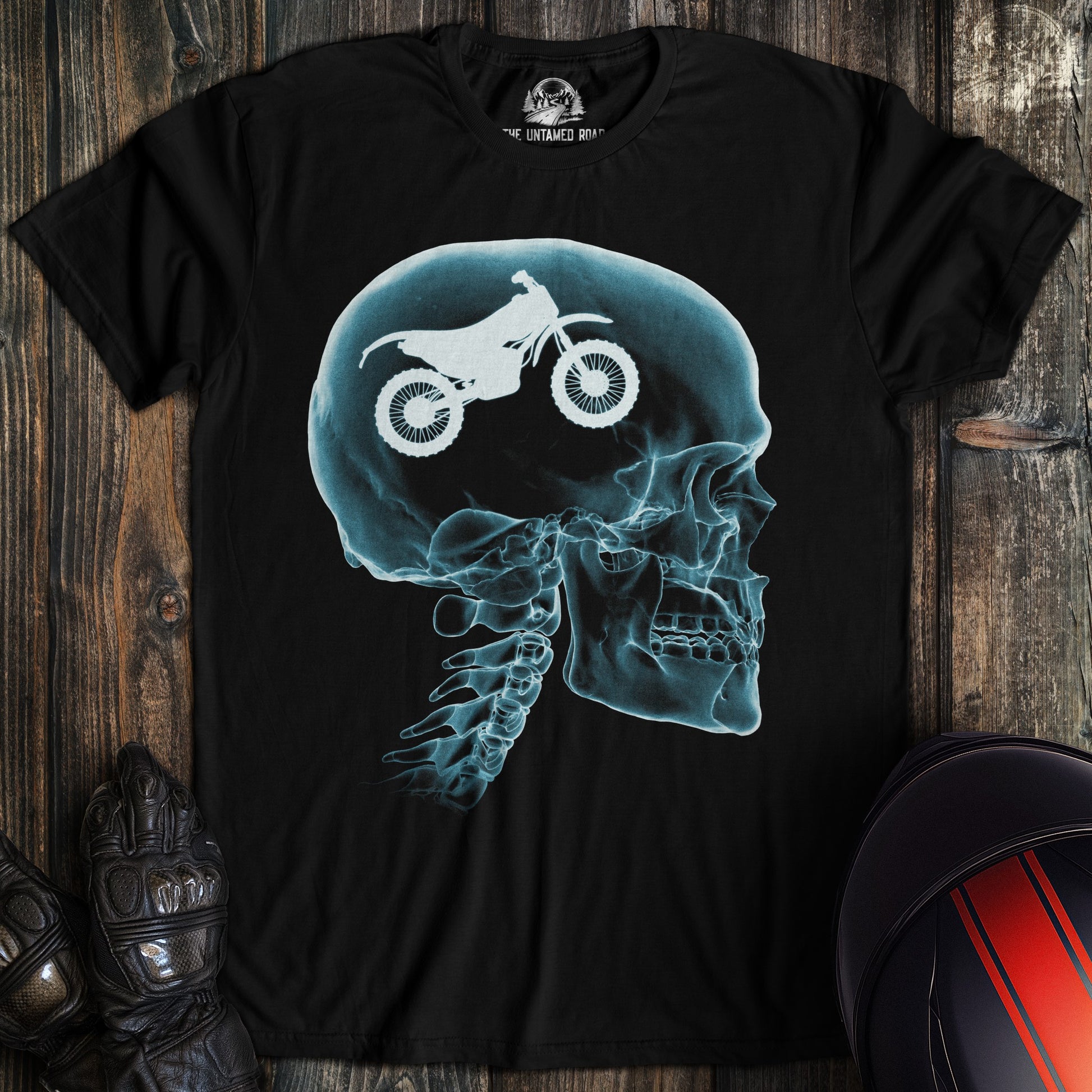 A black colored t-shirt with the words "head xray dirtbike" printed on the front.
