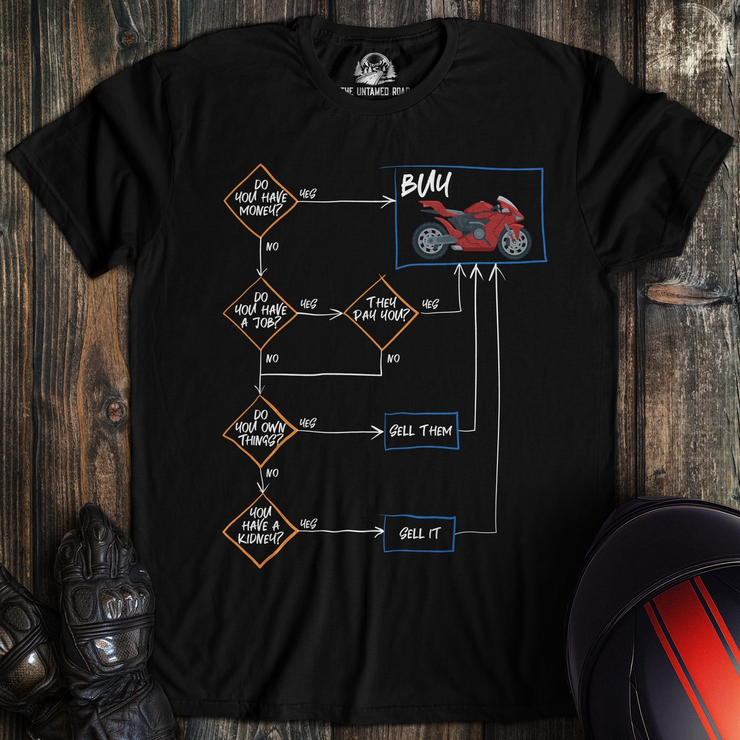 A black t-shirt featuring a funny flowchart graphic about buying a motorcycle, showing paths that all lead to 'BUY'.