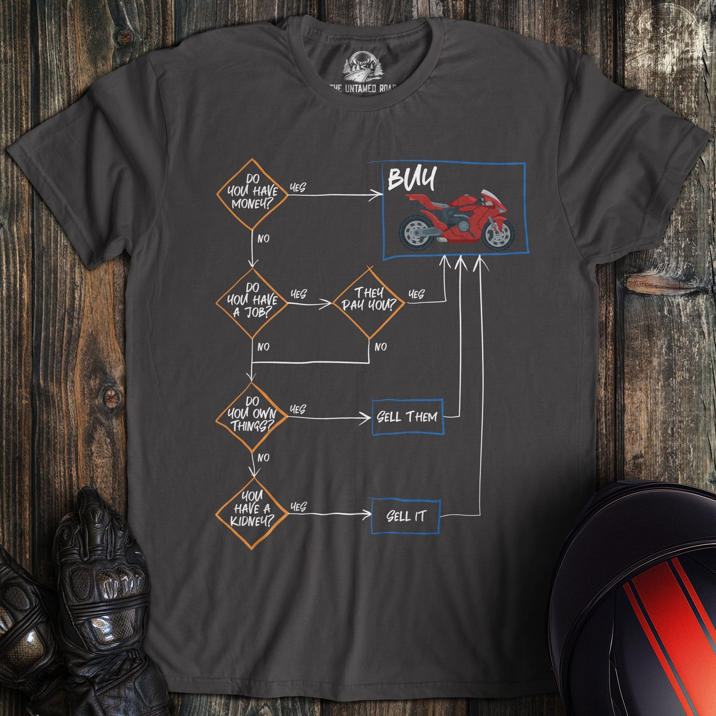 A charcoal gray t-shirt featuring a funny flowchart graphic about buying a red motorcycle.