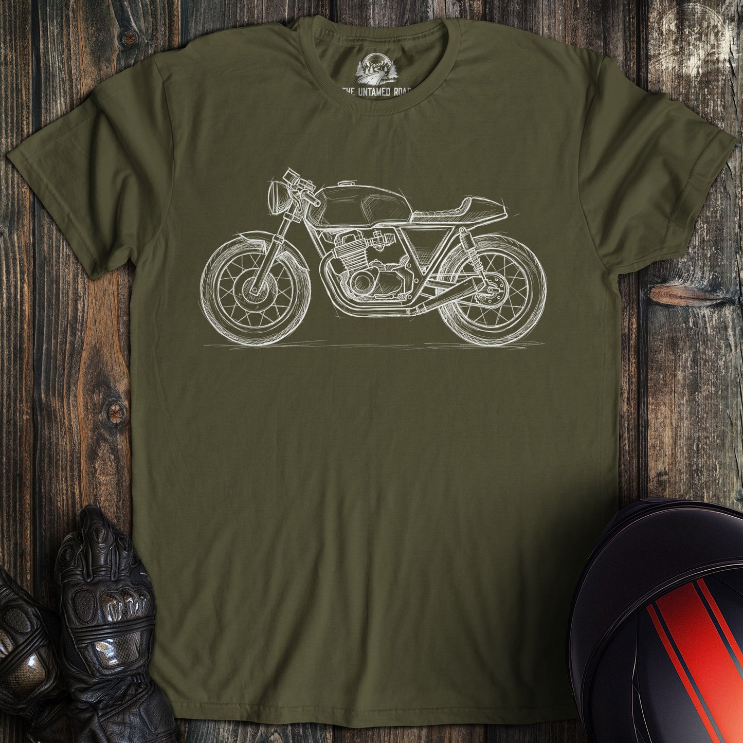 A military green colored t-shirt with the words "cafe racer sketch" printed on the front.