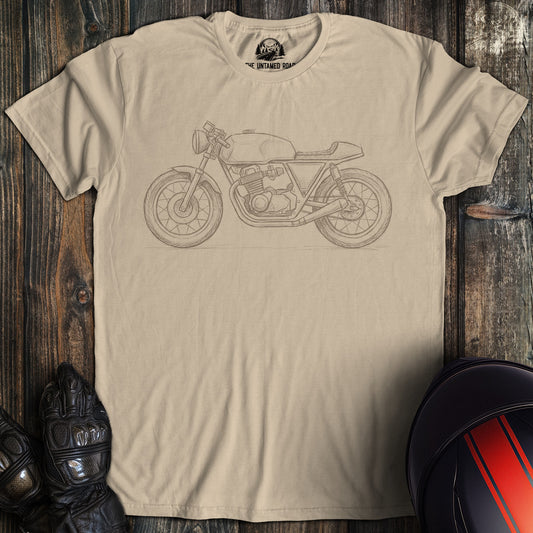 A sand colored t-shirt with the words "cafe racer sketch" printed on the front.