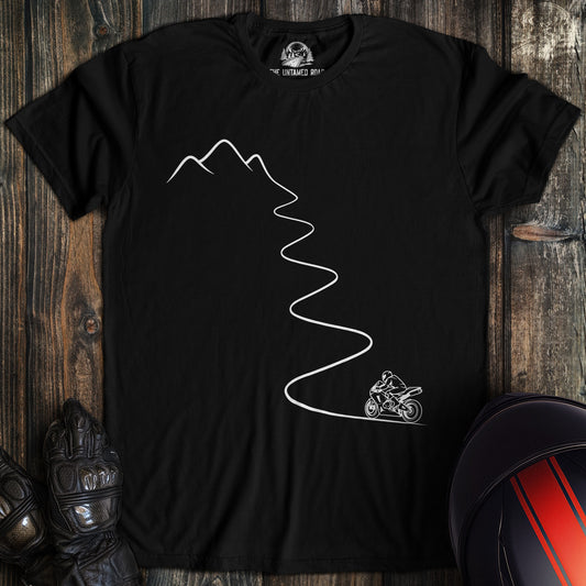 A black colored t-shirt with the words "mountain bike" printed on the front.