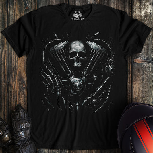 A black t-shirt featuring a biomechanical graphic of a skull integrated with a motorcycle engine and metallic tubes.