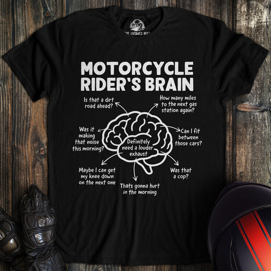 A black t-shirt featuring a funny motorcycle rider's brain diagram with various biker thoughts and questions.
