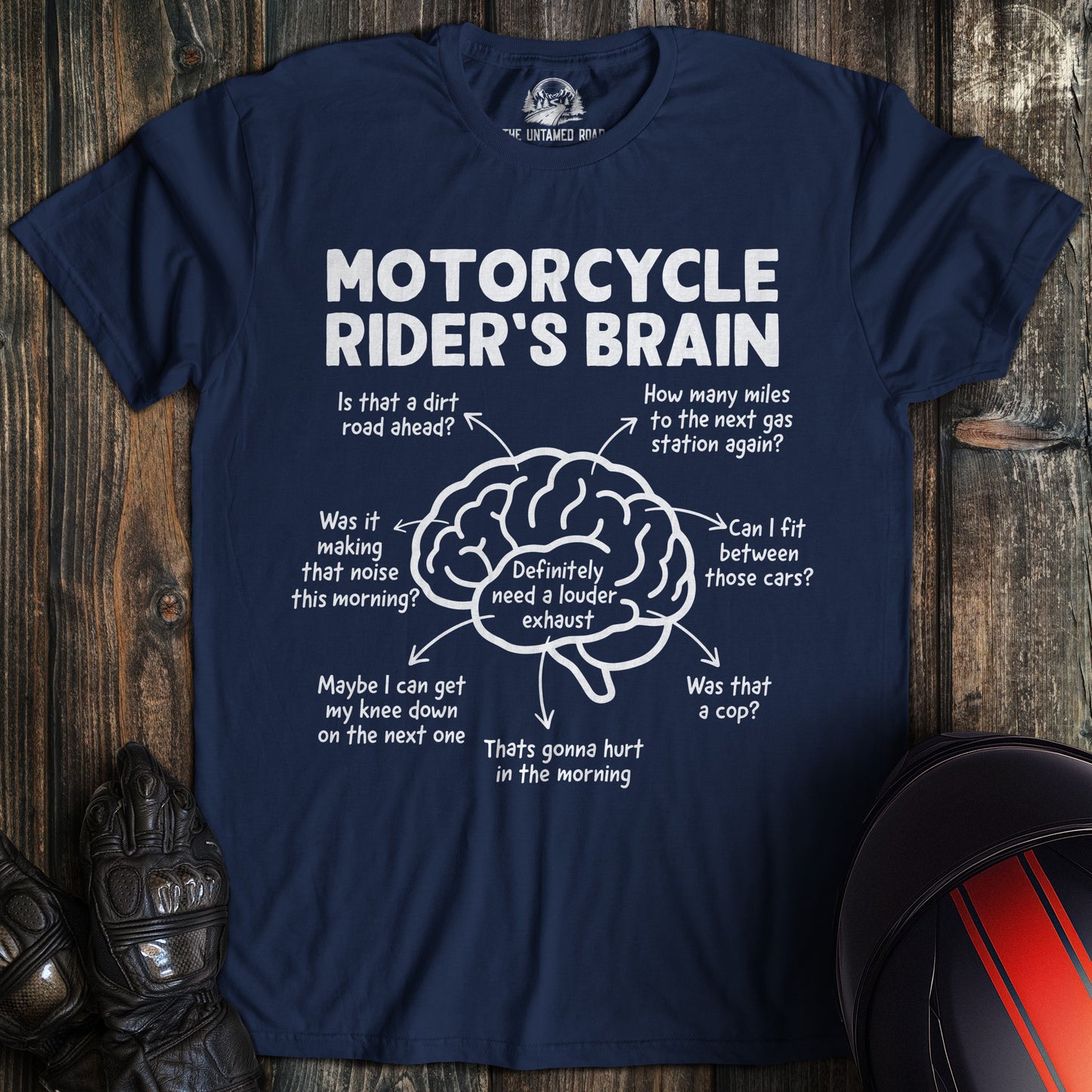 A navy blue t-shirt featuring a funny motorcycle rider's brain diagram with various biker thoughts in white text.