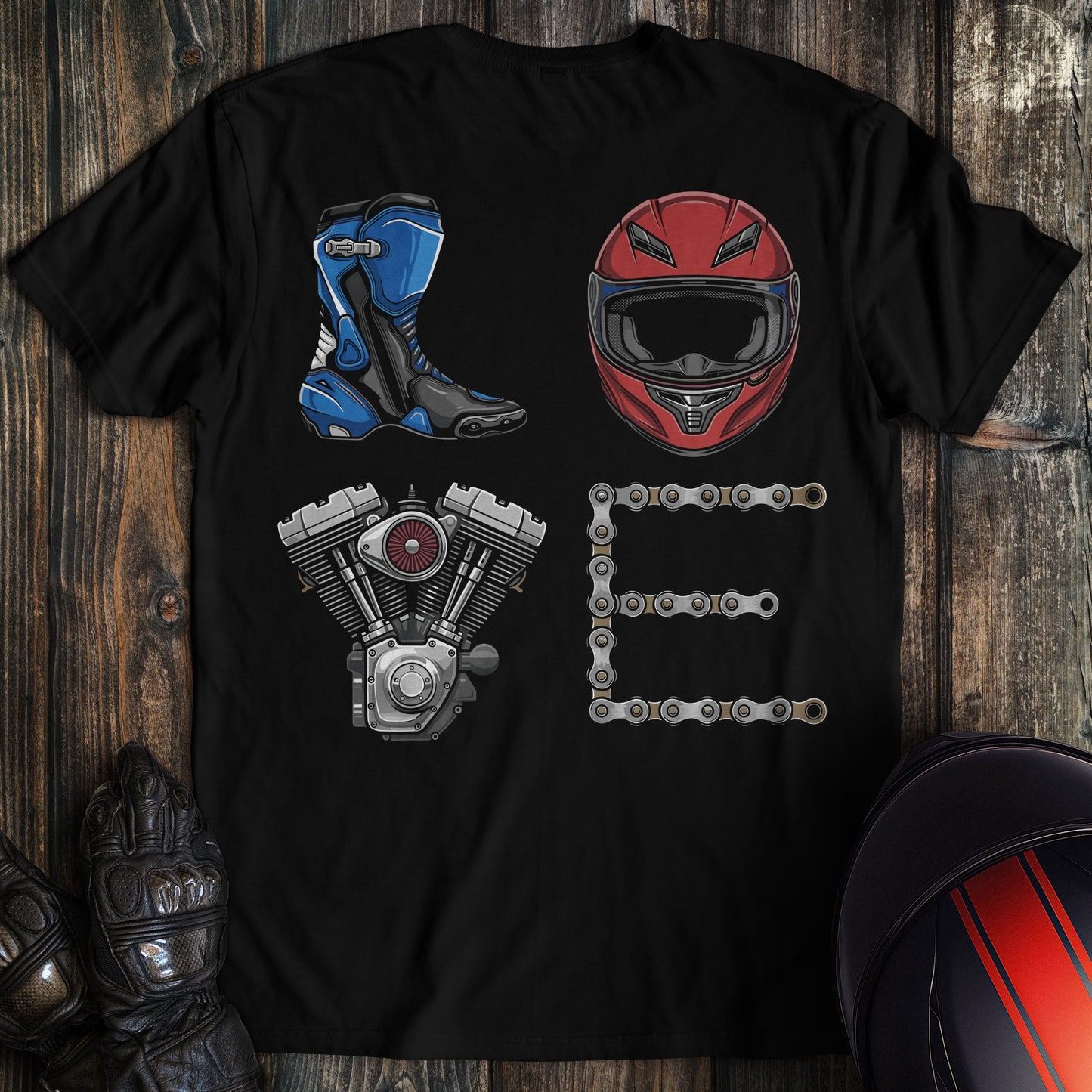 Black t-shirt featuring the word LOVE spelled with a motorcycle boot, helmet, engine, and chain.