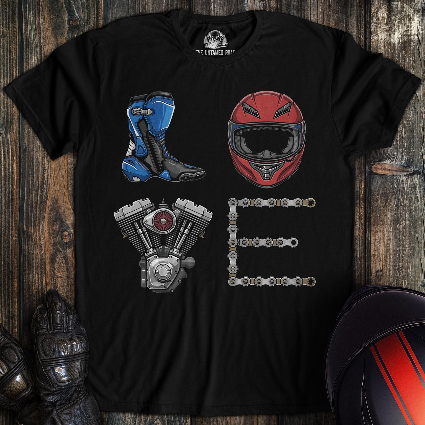 A black t-shirt featuring motorcycle gear and parts arranged to spell the word LOVE.