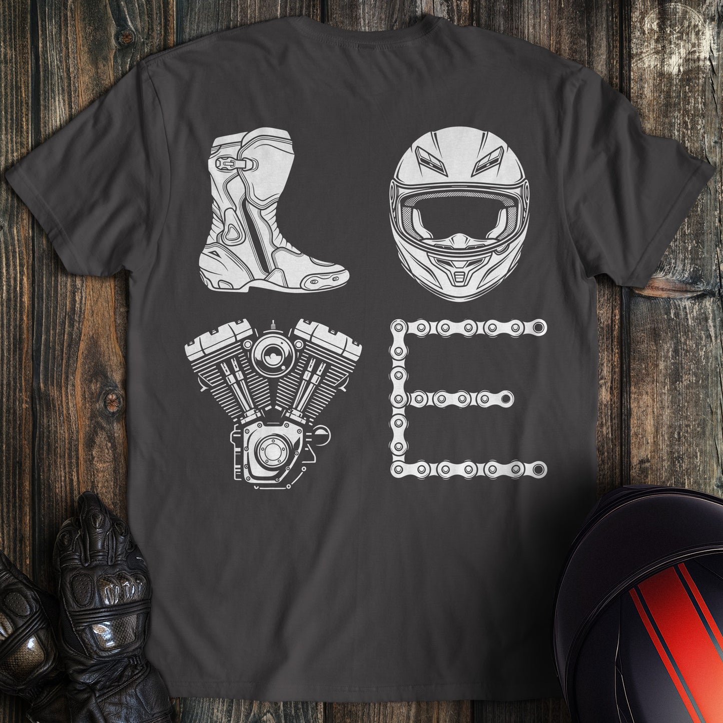 Charcoal gray t-shirt with white motorcycle gear and engine parts spelling the word LOVE.
