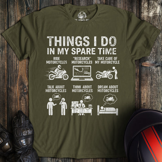 A military green t-shirt featuring a funny graphic titled Things I Do In My Spare Time with motorcycle icons.